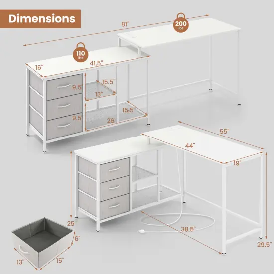 Costway L-shaped Computer Desk with Power Outlet, Drawers, Metal Mesh Shelves Rustic Brown/Black/White {3}