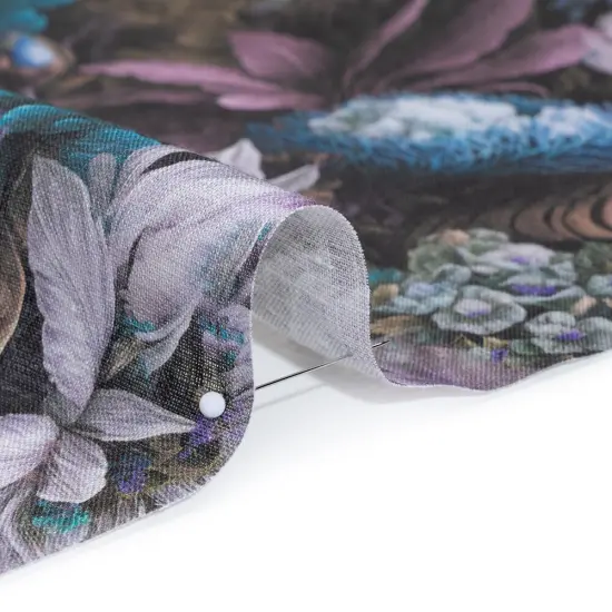 1 Yard Lilac Teal Taupe Linen Fabric Medium Weight Mythical Garden 58 inch Width {2}