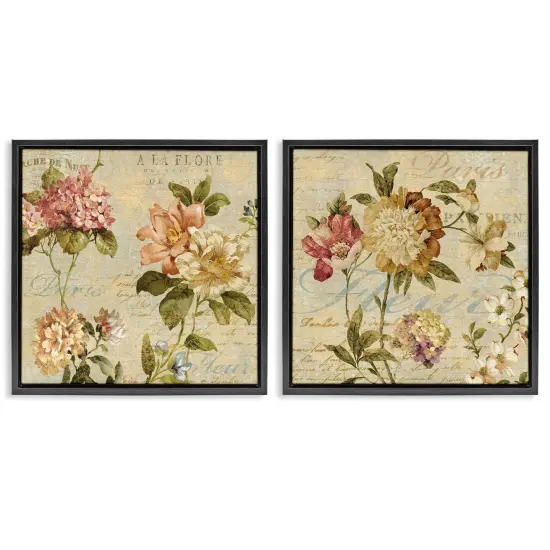 Stupell Industries Vintage French Floral with Script Framed Floater Canvas Wall Art Black Floater Frame {1}