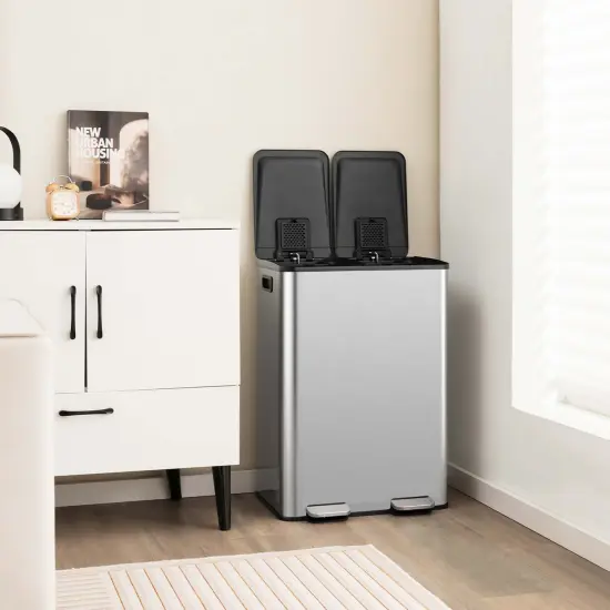 Costway 16 Gallon Dual Step Trash Can Recycle Bin Stainless Steel Bucket Pedal Silver/Black/White {3}