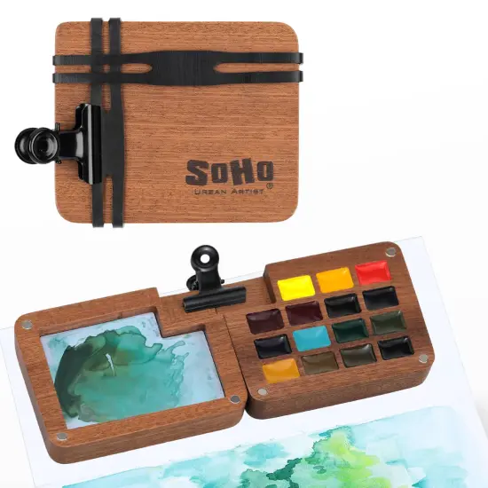 SoHo Urban Artist Mini Wooden Travel Watercolor Set of 15 - Professional Watercolor Paint Set for Watercolorists & Plein Air Artists, Semi-Moist Pans, Pocket-Sized Magnetic Wood Case with Mixing Area {1}