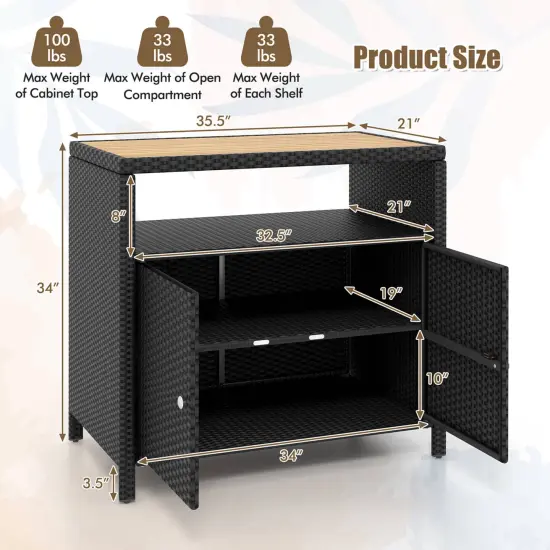 Costway Patio Rattan Storage Cabinet with Acacia Wood Countertop Open Shelf 2 Door Cabinet Black/Mix Brown {3}