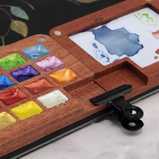 SoHo Urban Artist Mini Wooden Travel Watercolor Palette of 15 Metallic Colors - Professional Watercolor Paint Set for Plein Air Artists, Semi-Moist Pans, Pocket-Sized Magnetic Wood Case with Mixing Area {5}