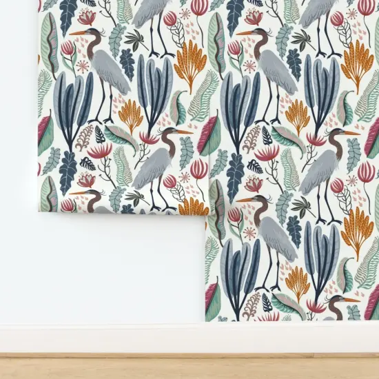 Peel & Stick Wallpaper 2FT Wide Heron Botanical Large Scale Cranes Marshland Habitat Custom Removable Wallpaper by Spoonflower {2}