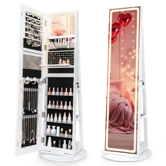 Costway 360&deg; Swivel Jewelry Cabinet Organizer 3-Color LED Mirror with Built-in&nbsp;Lights Coffee/White/Black/Brown {8}