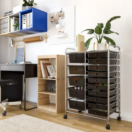 Seville Classics 15-Drawer Organizer Cart, 25.2" W x 15.3" D x 38.2" H Black {6}