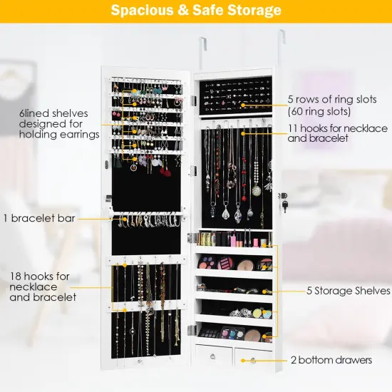 Costway Wall Door Mounted Mirror Jewelry Cabinet Organizer w/LED Light {6}