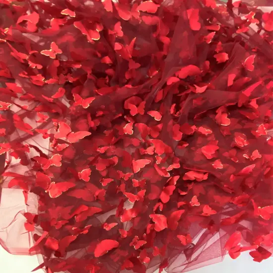 1 Yard Apple Red 3D Butterfly Mesh Fabric with Satin Appliqu&eacute; 54 Inch Wide {3}