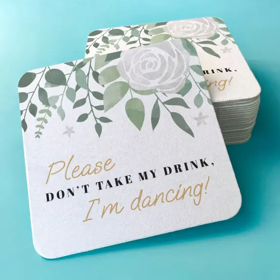 Big Dot of Happiness 25 Ct Boho Botanical Please Don't Take My Drink I'm Dancing Coasters, 4-Inch Disposable Square Paper Coasters for Greenery Wedding {4}