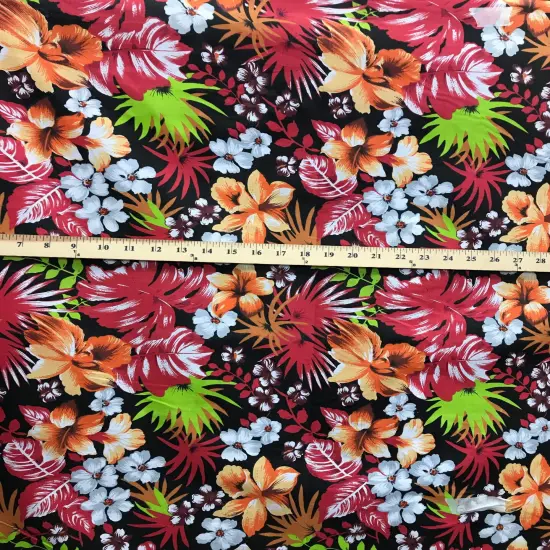 1 Yard Hawaiian Black Red Floral Poly Cotton Fabric 59/60 Inches Width for Sewing and Crafts {2}