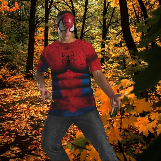Spider Man Costume Kit For Men With Printed Shirt And Character Mask Set {4}