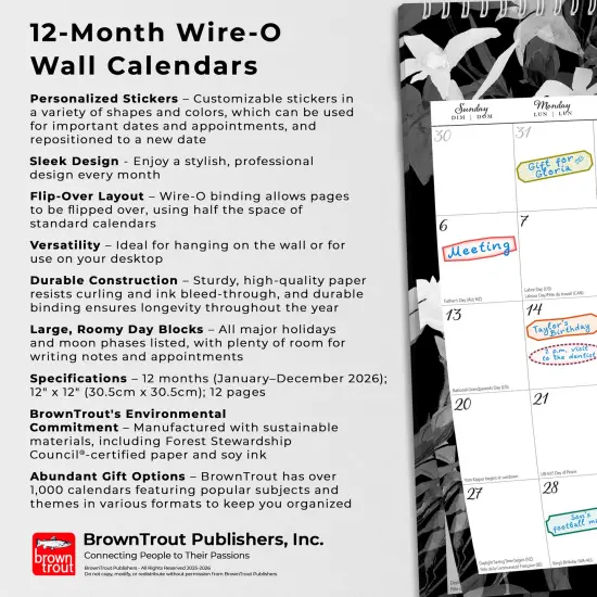 Pen & Ink | 2026 12 x 12 Inch (Hanging) Monthly Square Wire-O Calendar | Sticker Sheet {6}