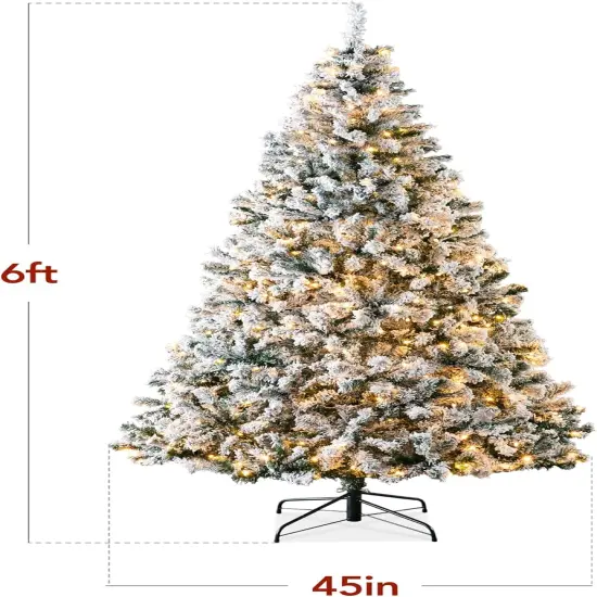 Snow Flocked Christmas Tree Full Green Pine with 250 Lights, Dense Branch Tips & Metal Stand for Indoor Winter Decor {6}