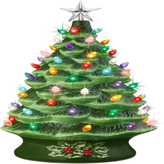 Ceramic Christmas Tree, Hand Painted Green Tabletop Tree with 74 Multicolor LED Bulbs & Star Topper {1}
