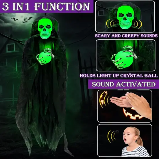 65" Halloween Animatronic Grim Reaper Decorations Outdoor Hanging [ Sound Activated ] {3}
