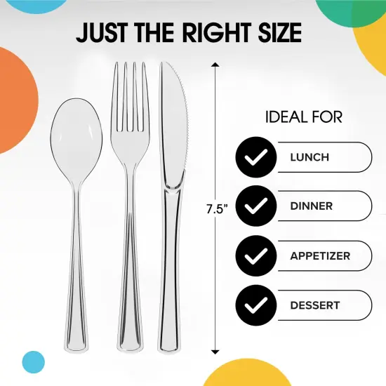 Exquisite Polished Plastic Silverware &ndash; 150 Pcs Heavy Duty Cutlery Set &ndash; 50 Each of Forks, Knives & Spoons &ndash; Disposable Utensil Set for Parties, Events & Catering &ndash; Flatware Set by Party Solids Clear {3}