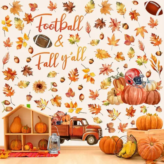 6 Sheets 185 Pieces Fall Wall Decals Maple Leaves Pumpkin - Fall Football {1}