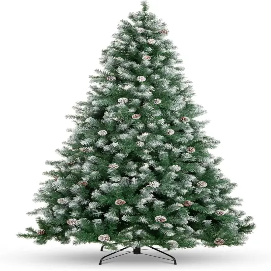 Pre Decorated Flocked Christmas Tree Hinged Artificial Pine with Pine Cones & Easy Assembly {1}