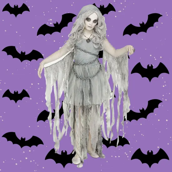 Girls Enchanted Ghost Gray Hooded Dress Costume with Chain Detail {1}