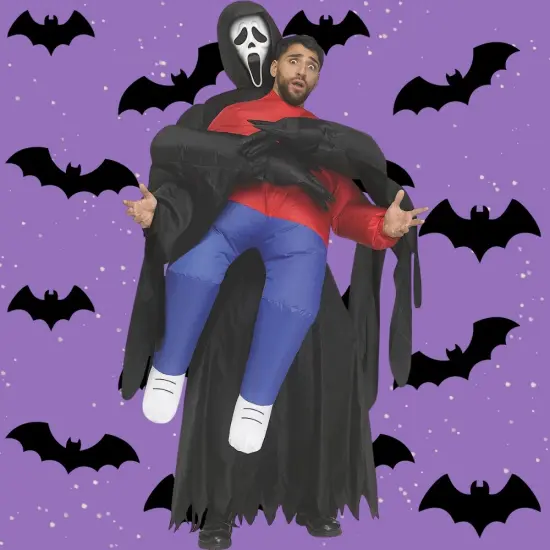 Adults Inflatable Piggyback Ghost Face Costume with Fan and Halloween Crowd {1}