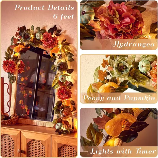 Artificial Fall Floral Garland with Peony Hydrangea and Pumpkins {3}