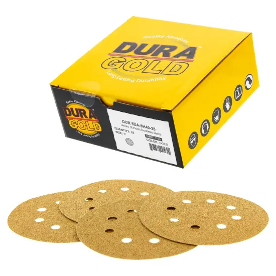 40 Grit - 5" Gold DA Sanding Discs - 8-Hole Pattern Hook and Loop - Box of 25 {1}