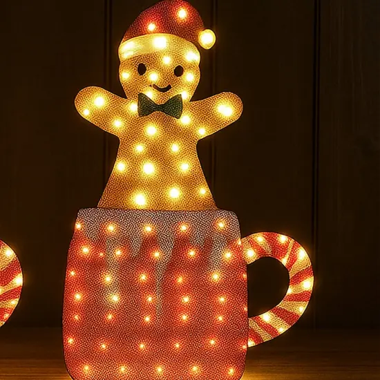 Set of Two Light Up Gingerbread Men in Holiday Mugs Christmas Decoration 40" & 42" Tall {3}