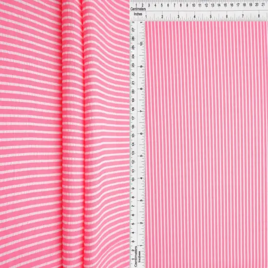 1 Yard Seersucker Stripe Fabric, 58/59&Prime; Wide Polyester Rayon Blend CORAL RED {1}