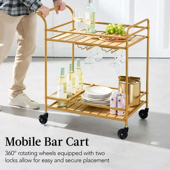 Best Choice Products 2-Tier Rolling Bar Cart Indoor/Outdoor w/ Storage Shelves, Wine Rack, Lockable Wheels Gold {5}