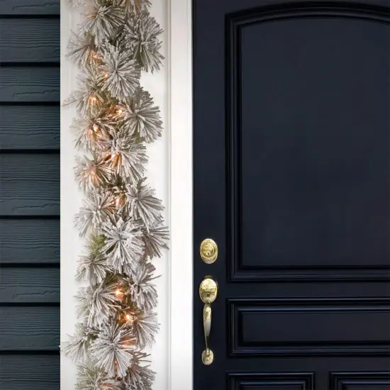 9 Feet -Christmas Garland, Green, Glittery Bristle Pine, White Lights {3}
