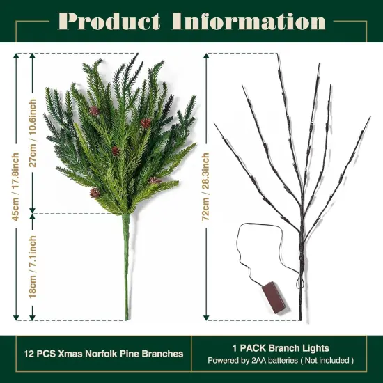 12 Pcs Christmas Garland Norfolk Pine Branches With Lights {2}