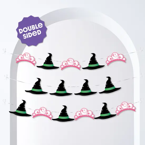 Big Dot of Happiness Witch Garland Banner, Birthday or Halloween Party Decor Backdrop, 30 Feet of Cord, 15 Paper Witch Hat and Pink Crown Shapes {4}