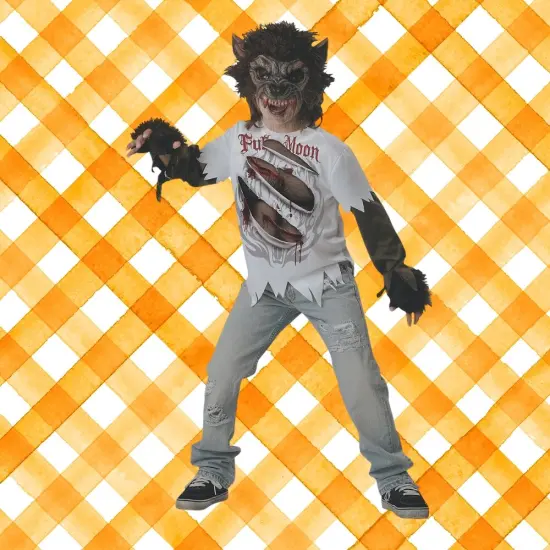 Boys Werewolf Costume with Mask and Gloves for Halloween Dress Up White/Brown {1}