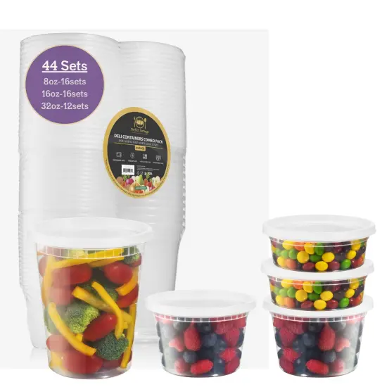 Perfect Settings Plastic Deli Containers with Lids [44 Sets] Variety Pk 8oz, 16oz & 32oz | Leakproof, Freezer Safe Soup & Food Storage | Microwavable Food Containers with Lids {1}