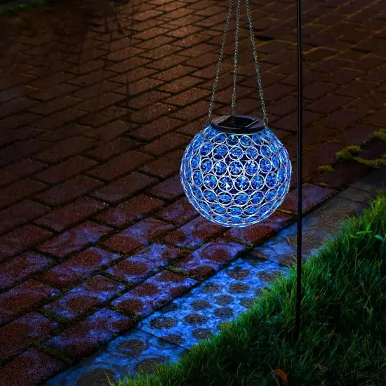 Solar Hanging Lantern Outdoor Lights, Dual LEDs Color Changing and Blue Hanging Light Waterproof Crystal Globe Lamp Decoration in Garden, Pathway, Front Door - Blue {1}