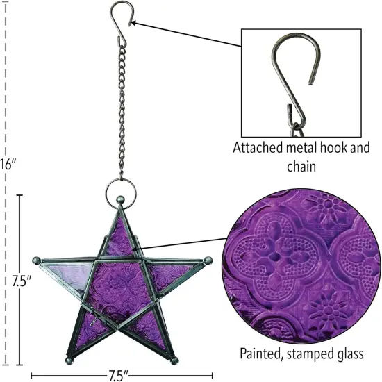 In the Breeze 9219 &mdash; Purple 5-Point Star Tealight Lantern &mdash; Moroccan-Style Boho Chic Glass and Metal Tealight Hanging Lantern {4}