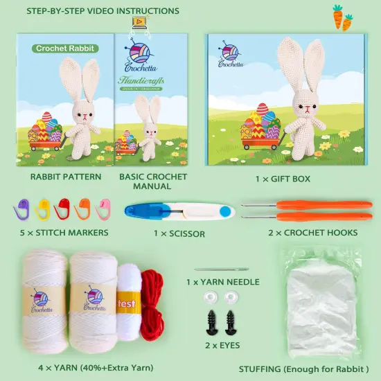 Crochet Kit for Beginners, Crochet Starter Kit w Step-by-Step Video Tutorials, Beginner Crochet Kit Knitting Supplies for Adults Kids, Crochet Bunny(40%+ Yarn) {6}