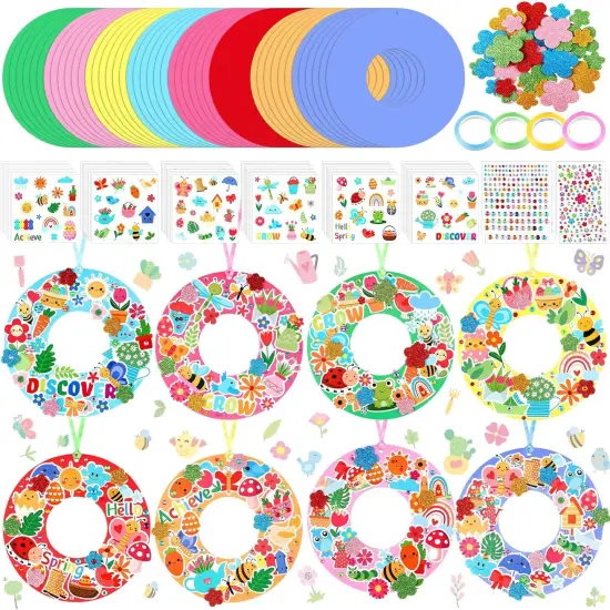 48 Sets Spring Wreath Craft Kits DIY Wreath Hanging Ornaments Make Your Own Paper Craft with Stickers for Home Party Favors Activities {1}