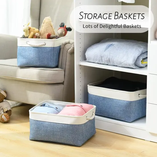 TcaFmac Storage Basket for Organizing - Large 4 Pack Fabric Storage Bins Baskets for Shelves with Ropes, Foldable Storage Cubes for Closet Cloth Toy (White & Blue16x12x8 inch) {3}