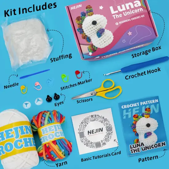 Crochet Kit for Beginners, Unicorn Crochet Kits for Kids and Adults Include Rainbow Yarn, Videos Tutorials, Eyes, and Crochet Hook - Crochet Animal Kit, Beginner Crochet Kit - Gift for Birthdays {6}