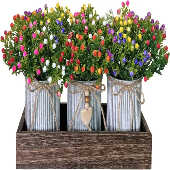 Table Centerpiece Decoration Artificial Flower Set with 3 Fake Milan Bouquet and Wood Tray for Desk Home Bathroom Office D&eacute;cor {1}