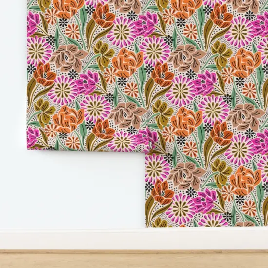 Peel & Stick Wallpaper 2FT Wide Summer Garden Bohemian Blooms Folk Art Boho Refined Orange Pink Custom Removable Wallpaper by Spoonflower {2}