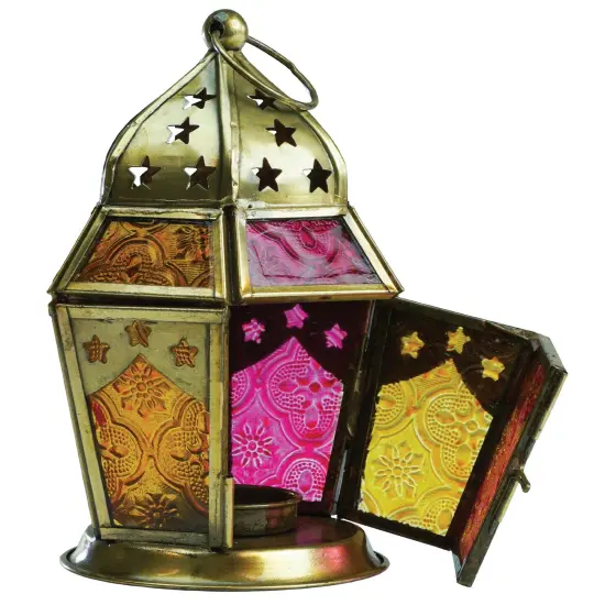 In the Breeze 9208 &mdash; Pink & Yellow Hex Tealight Lantern &mdash; Moroccan-Style Boho Chic Tealight Glass and Metal Tabletop Lantern {1}