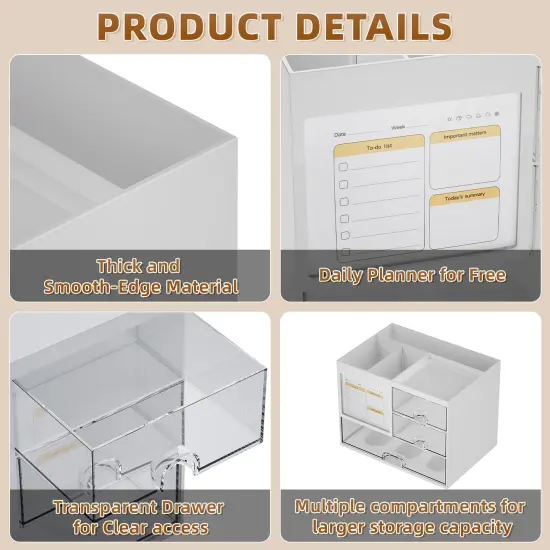 Desk Organizer with 3 Drawer, Multi-Functional Pencil Pen Holder for Desk, Desk Organizers and Accessories with 4 Compartments, Desktop Organizer Storage for Office Home Art Supplies (White) {4}