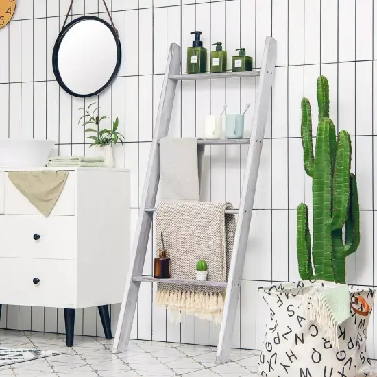 Costway 4-Tier Wall Leaning Ladder Shelf Stand Wooden Blanket Ladder Grey {2}