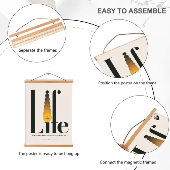 4 Pack Magnetic Poster Hanger Frame, 8x10 8x12 8x24 Light Wood Wooden Magnet Poster Frame for Maps Canvas Artwork Pictures Poster Hangers Frames (Teak,8") {6}