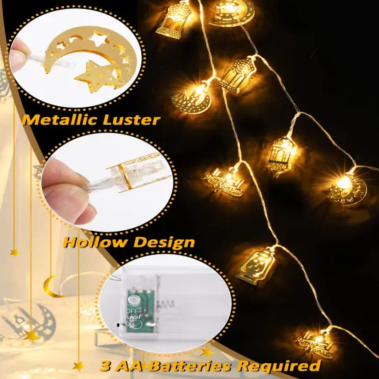 Ramadan Eid String Light - 9.8 ft 20 LEDs Mubarak String Light, Muslim String Decor with Moon Star Kerosene Lantern Palace Ornaments for Islamic Indoor Outdoor Home Garden Party Supplies - White Bulb {3}