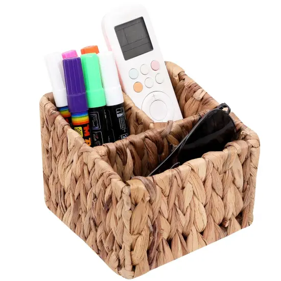 Remote Control Holder Wicker Desk Organizer Divided Storage Basket,Hand Woven Cosmetic Storage Box with 3 Compartments,Water Hyacinth Remote Control Basket for Desktop Organizing {2}