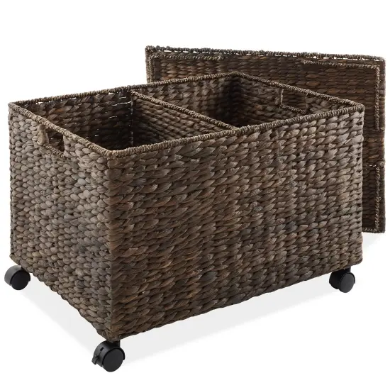 Rolling Storage Basket Cart w/ Lid & Wheels - Woven Wicker Divided Recycling Bin Natural {5}