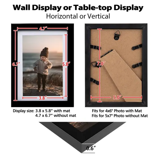 KINLINK 5x7 Picture Frames Black, Photo Frames with Plexiglass for Picture 4x6 with Mat or 5x7 without Mat, Composite Wood Picture Frames for Table Top and Wall Mounting, Set of 4 {3}